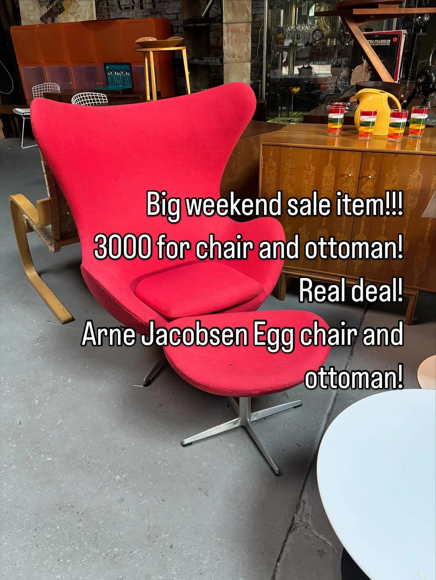 On sale! Arne Jacobsen egg chair and ottoman recovered about six years ago still looks really nice on sale for $3000