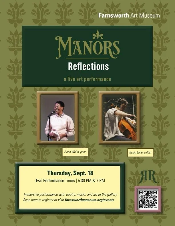 I’m delighted & honored to be performing with poet @arisaawhite in collaboration with @annebuckwalter ‘s exhibition at @farnsworthmuseum called ‘Manors’. 
This performance will offer an intimate, interactive experience th
