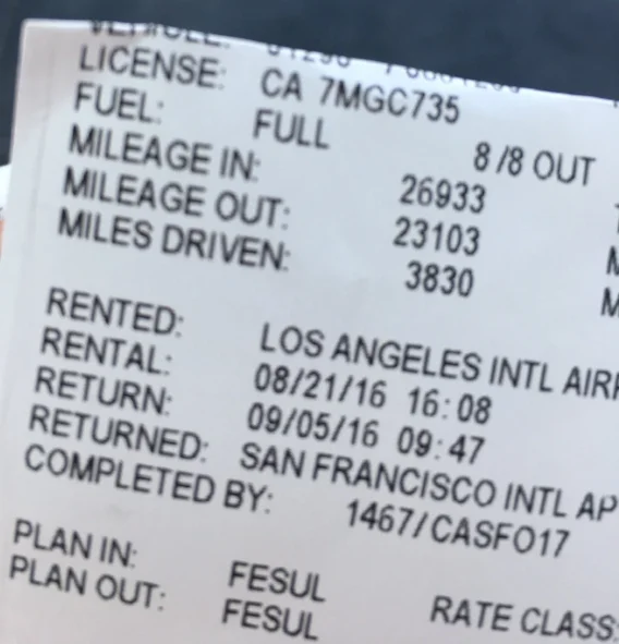 scontrino con indicazione km viaggio on the road  USA sud ovest 15 giorni