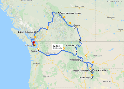 Mappa itinerario 14 giorni on the road in stati uniti e canada occidentali