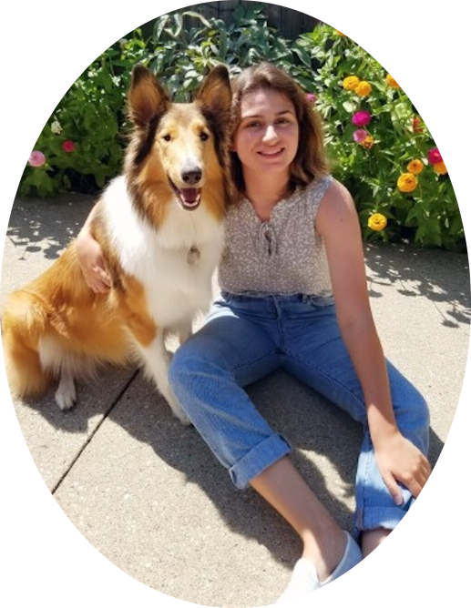Megan G., professional pet sitter with Denver Pro Pet Sitting, sitting outdoors beside a Collie dog in a colorful garden.