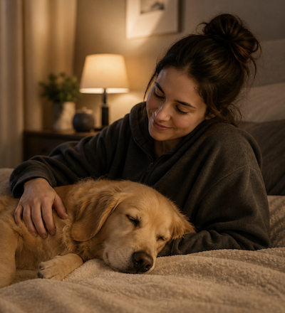 Professional pet sitter gently comforting a sleeping Golden Retriever during an overnight in-home pet sitting stay.