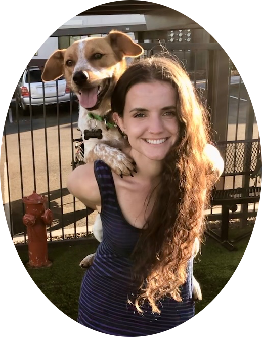 Denver Pro Pet Sitter smiling outdoors while giving a happy brown-and-white dog a piggyback ride near a fenced area in warm sunlight.
