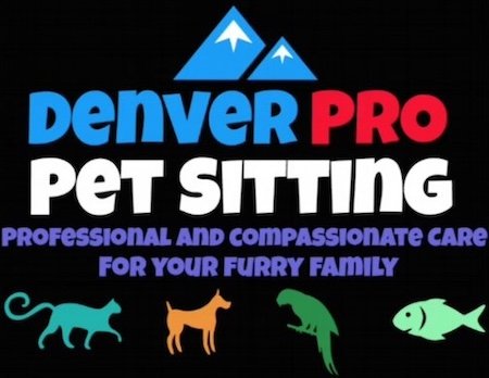 Denver Pro Pet Sitting company logo featuring blue mountain peaks and colorful animal silhouettes of a cat, dog, bird, and fish.