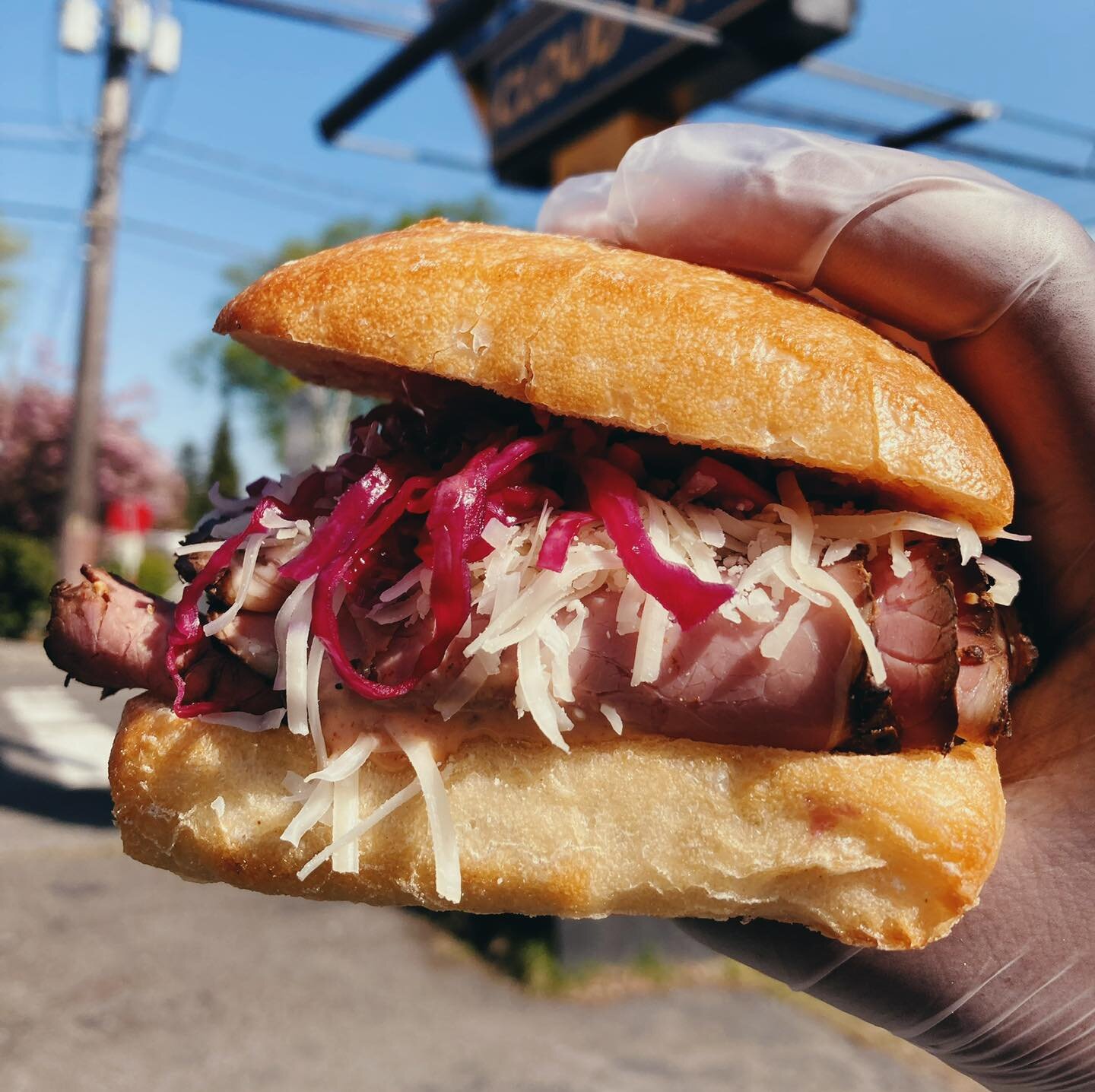 New sandwich for May - the Seattle Reuben! Pastrami, pickled red cabbage, gruy&egrave;re, and house made thousand island on a ciabatta bun 😋