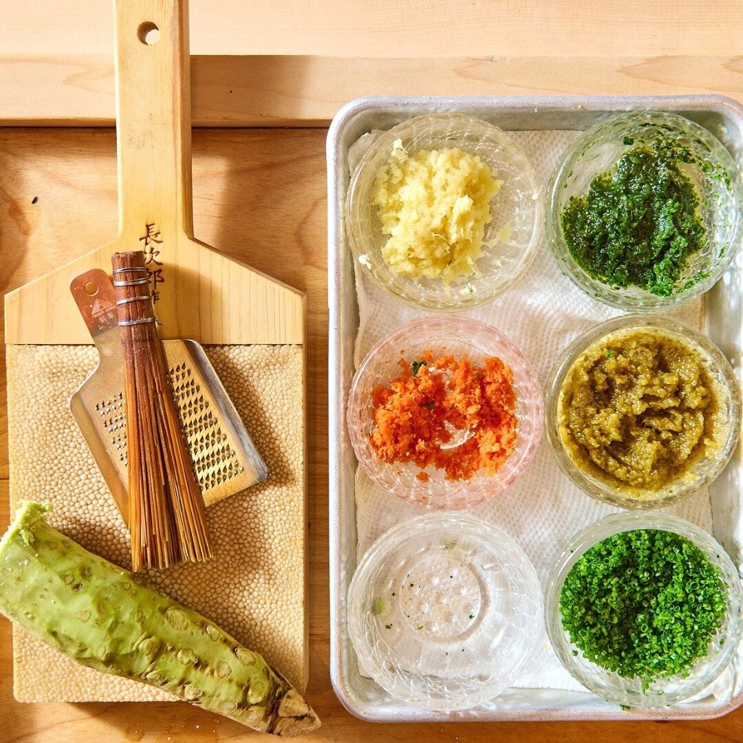 To enhance the flavors of each bites throughout your meal, hand-made garnishes such as chai pesto, chives, Yuzu Koshō paste, and chili-grated daikon radish are prepared hours in advance. #Garnish #Yuzu #Refreshing #Finaltouch #Chef