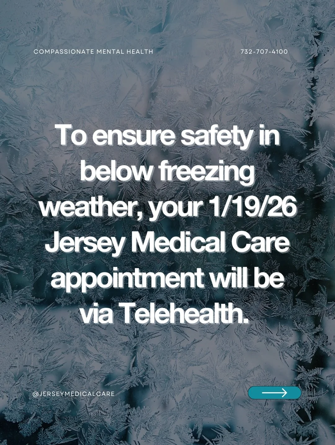 Stay safe, Jersey! 

Notice: All appointments on 1/19/26 will be via Telehealth. If issues arise, please don't hesitate to call, text, or email. 

Tomorrow's appointments will proceed via link sent in a text message. If you haven't received yours, pl