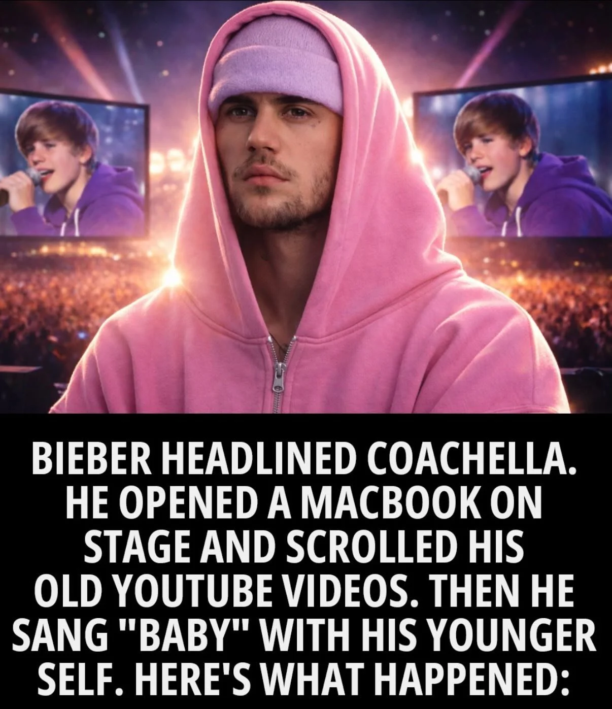Slow healing. ❤️&zwj;🩹 Bieber&rsquo;s Coachella performance was actually a masterclass in trauma processing.

He walked out alone. No dancers, no spectacle. Just him, a laptop, and footage of himself as a kid. He scrolled through old videos, home re