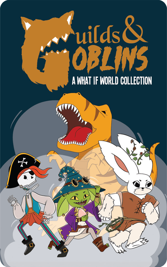 Guilds & Goblins - A What If World Collection. A skeleton pirate, goblin wizard and barbarian bunny all run in the fog away from a giant t-rex.