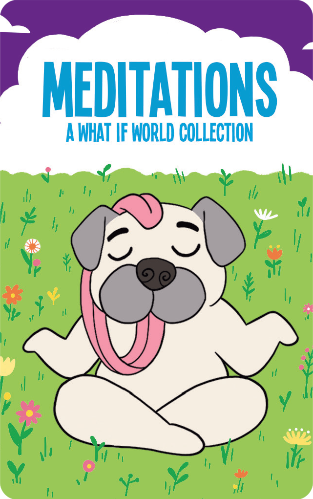 Meditations - A What If World Collection shows Fred in a lotus position with his eyes closed in a field of flowers.