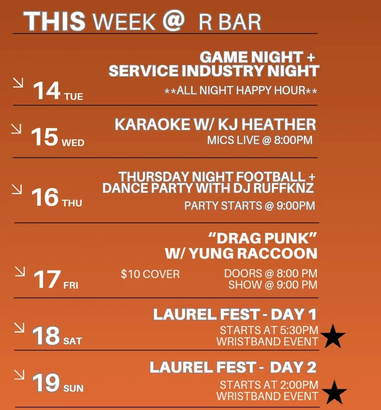 ​This week is going to be SO GOOD. R Bar is stacked with events! Check out what we've got in store for you:
​📅 Tue: Game Night + Enjoy ALL NIGHT HAPPY HOUR while you play!
​🎤 Wed: Karaoke w/ KJ Heather! Mics go live at 8:00 PM&mdash;come sing your 