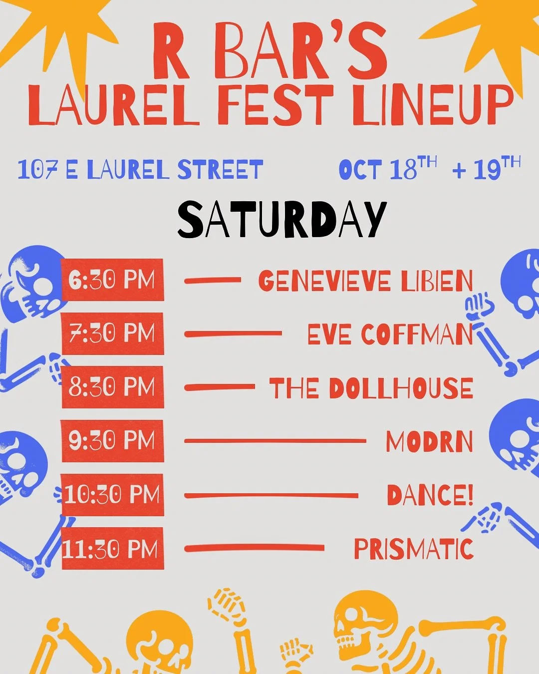 Don&rsquo;t miss R Bar&rsquo;s lineup for Laurel Fest on October 18th &amp; 19th! 🎶 Two days of amazing music from incredible artists. Be sure to snag that wristband and we&rsquo;ll see you there! 💀🎸