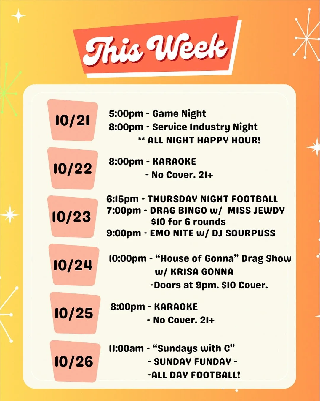 ✨ Here&rsquo;s what&rsquo;s happening this week at R Bar! ✨

🎲 Tue 10/21: Game Night + ALL NIGHT HAPPY HOUR!
🎤 Wed 10/22: Karaoke! No cover. 21+
🏈 Thu 10/23: Thursday Night Football, Drag Bingo w/ Miss Jewdy, and Emo Nite w/ DJ Sourpuss
👠 Fri 10/