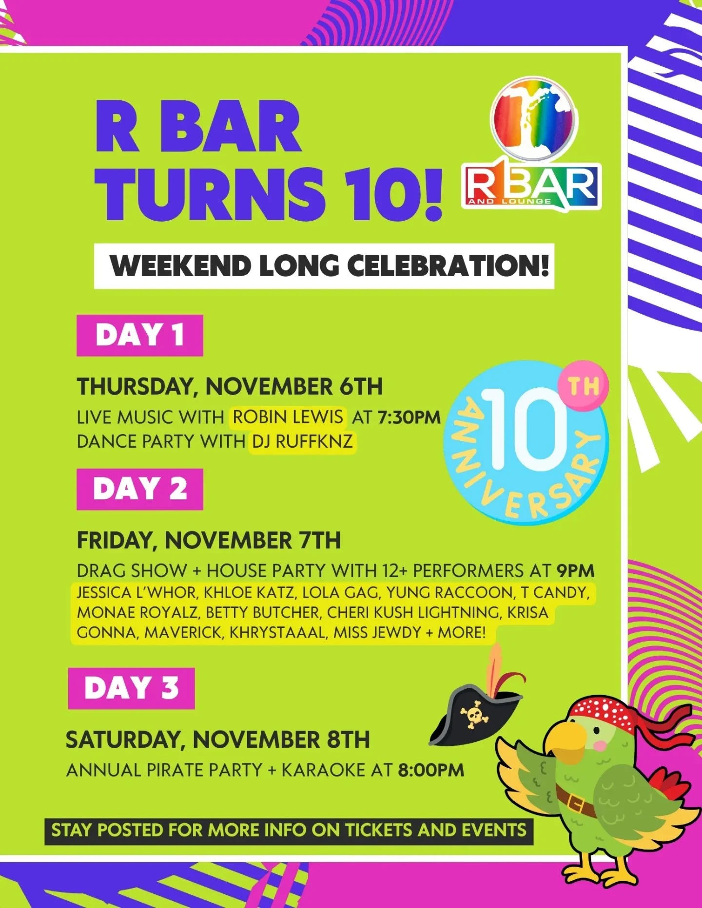​The R BAR TURNS 10 celebration is coming! Mark your calendars for November 6th, 7th, and 8th&mdash;three days of music, drag, and the Annual Pirate Party! Tickets available at the link in our bio! Get ready to celebrate a decade of R Bar!