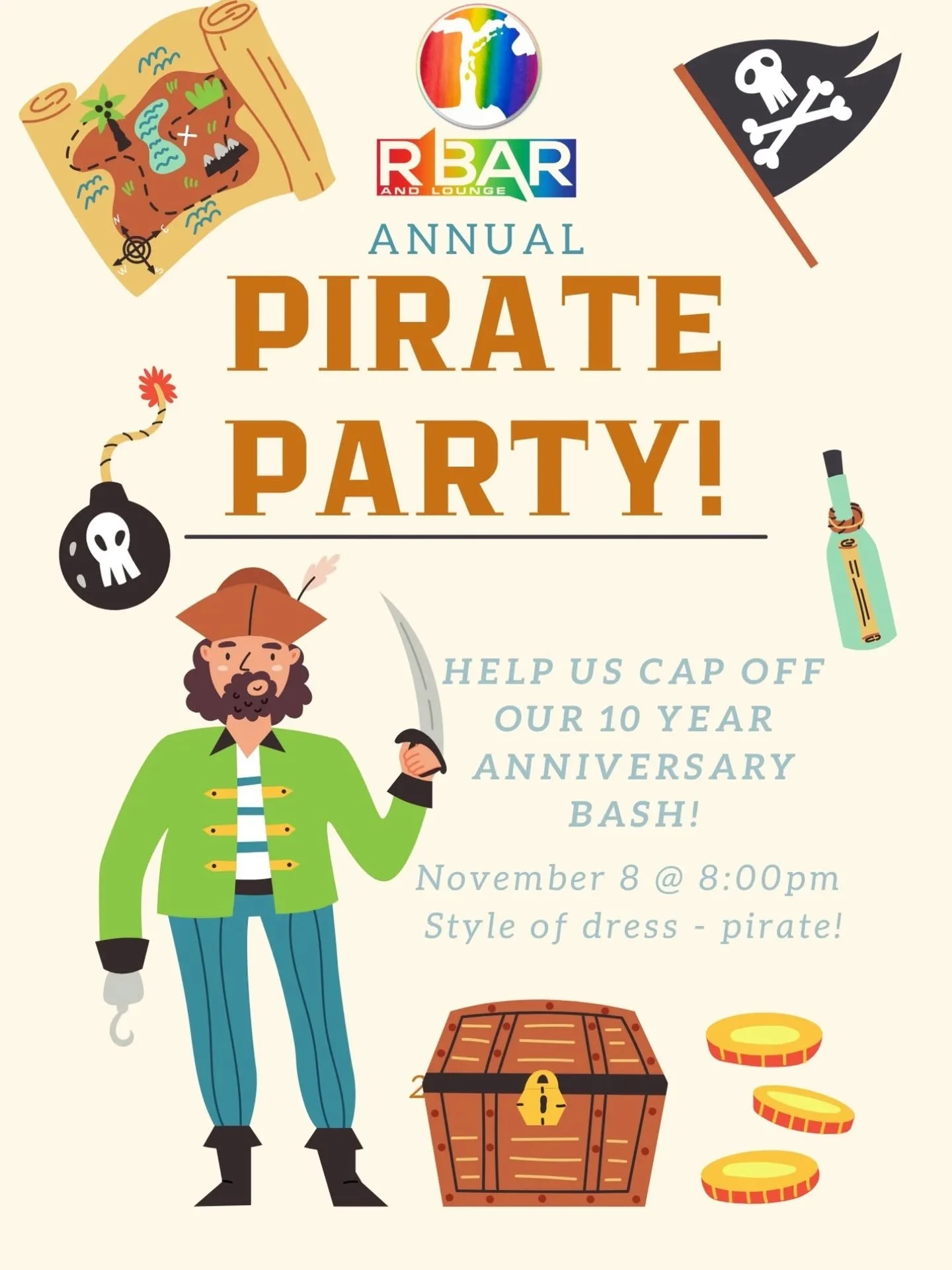 ​Ahoy, mateys! 🏴&zwj;☠️ R Bar &amp; Lounge is celebrating its 10-year anniversary with our Annual Pirate Party! Join the crew on November 8th at 8:00 PM. We'll have karaoke, drink specials, and so much more! Don your best pirate gear and let's cap o