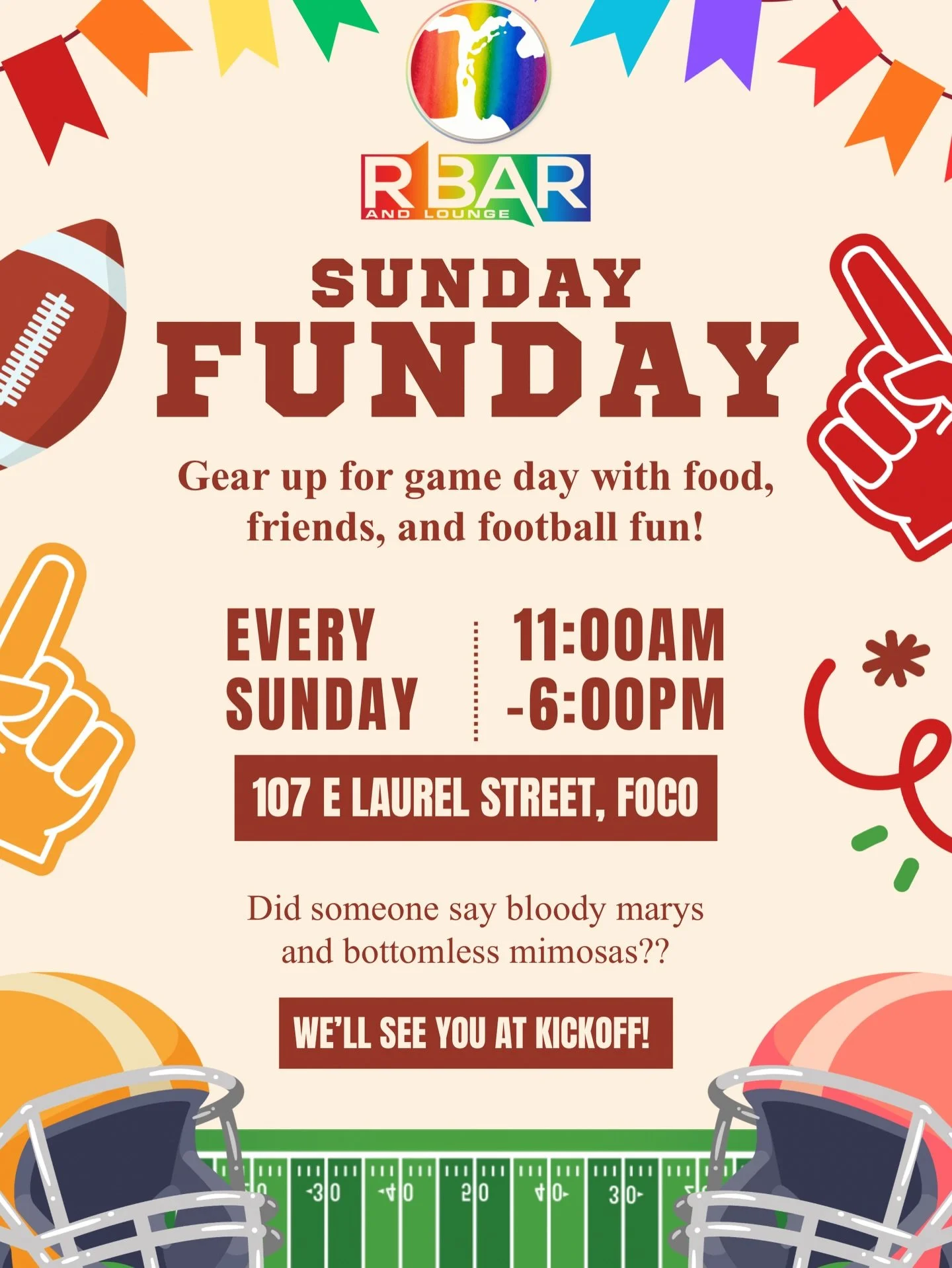 Gear up for good times, great food, and football with friends EVERY SUNDAY!
&bull; When: 11:00 AM - 6:00 PM
&bull; Where: 107 E Laurel Street, FOCO