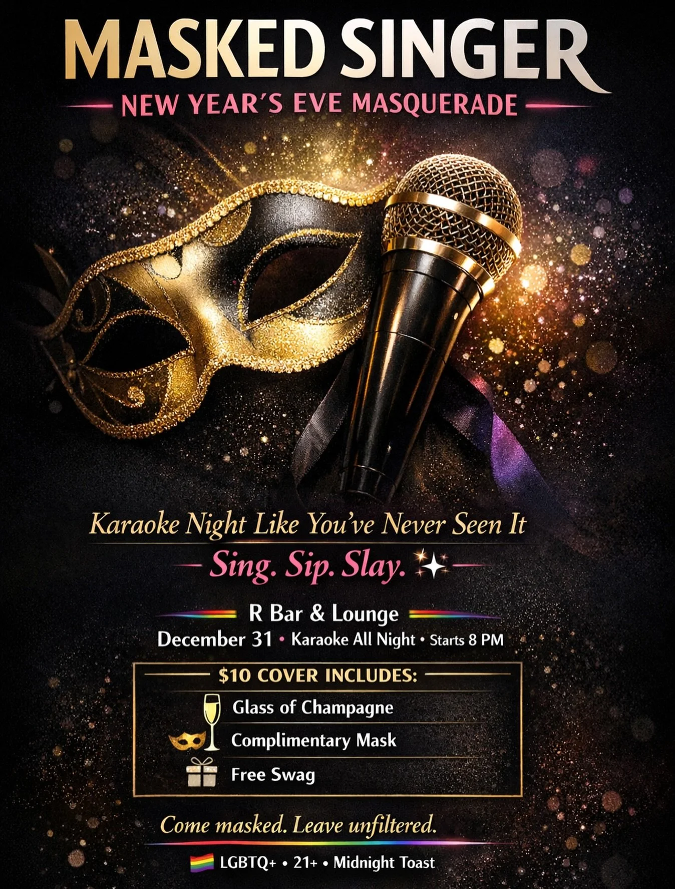&ldquo;Come masked. Leave unfiltered.&rdquo; 🎭✨ Join us at R Bar &amp; Lounge for the ultimate Masked Singer New Year&rsquo;s Eve Masquerade! $10 gets you in with a glass of champagne, a mask, and some free swag. Let&rsquo;s sing, sip, and slay our 