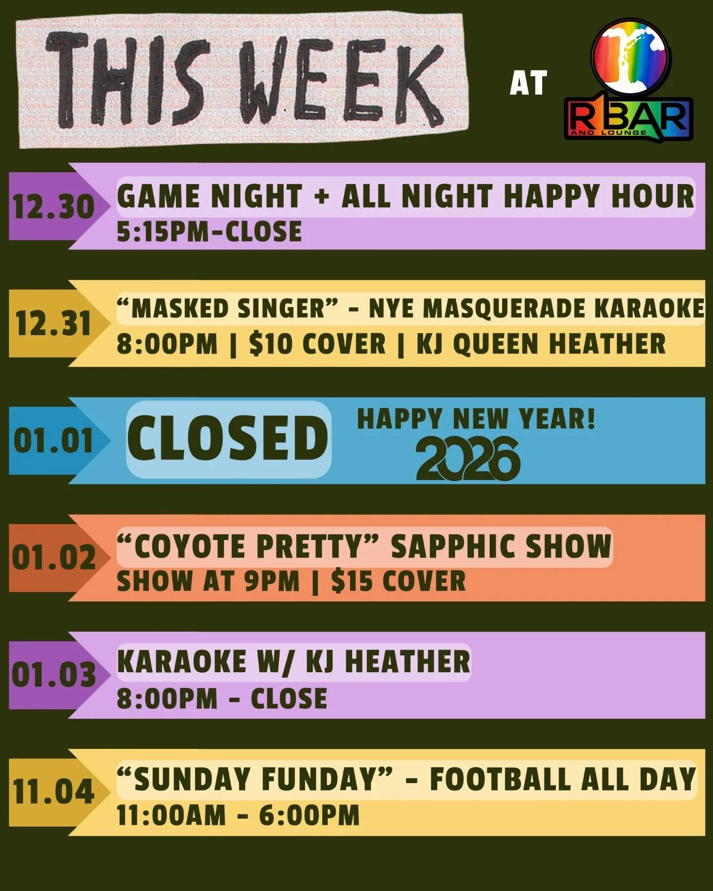Your weekly plans = handled 😌👇
Game Night 🎲
Masquerade Karaoke with KJ Heather🎭
Sapphic Show 💋
Karaoke with KJ Heather 🎤
Football 🏈 + mimosas 🍾
Let&rsquo;s goooo 🔥