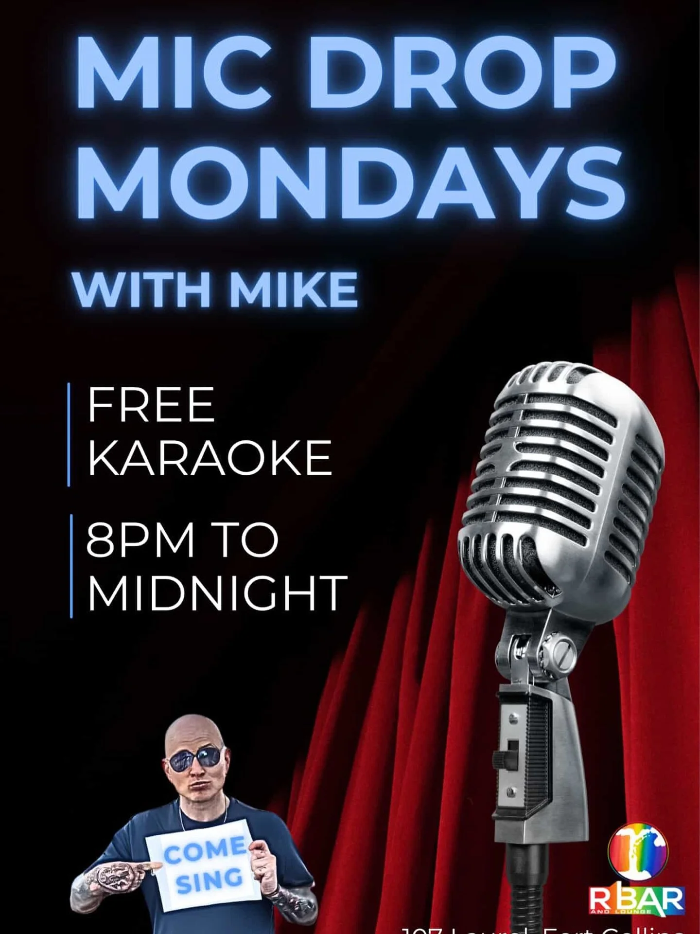 🎤 NEWWWW MIC DROP MONDAYS 🎤
Mondays just got a major upgrade! Join us at R Bar and Lounge for a night of spotlight-stealing performances and high-energy vibes💃🌟 
&bull; 🕒 8 PM - MIDNIGHT
&bull; 💸 100% FREE KARAOKE
&bull; 📍 107 Laurel, Fort Col