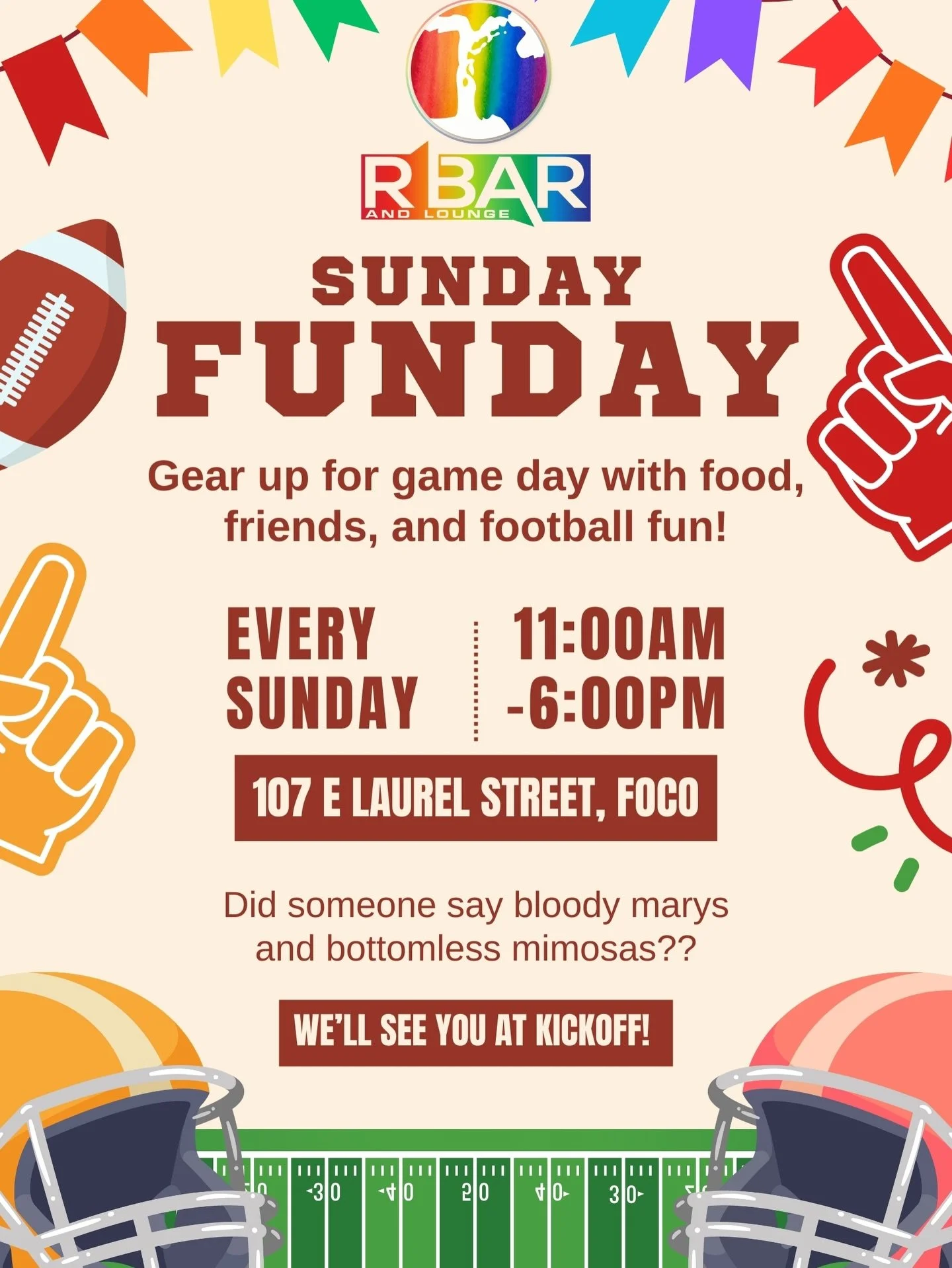 Touchdown vibes only! 🏈 Gear up for the ultimate Sunday Funday at R Bar. We&rsquo;ve got the games on, the drinks flowing, and the best crowd in FoCo. See you SOON!
📍 107 E Laurel St.
🕚 11:00 AM - 6:00 PM