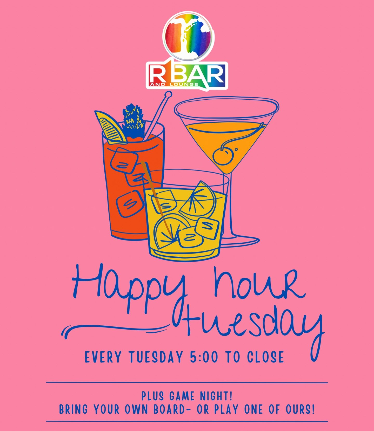 Happy Hour Tuesday at R Bar 🍹🎲
Every Tuesday from 5PM to close&mdash;cheap drinks, good vibes, and GAME NIGHT!
Bring your own board or play one of ours. See you tonight 💖🌈