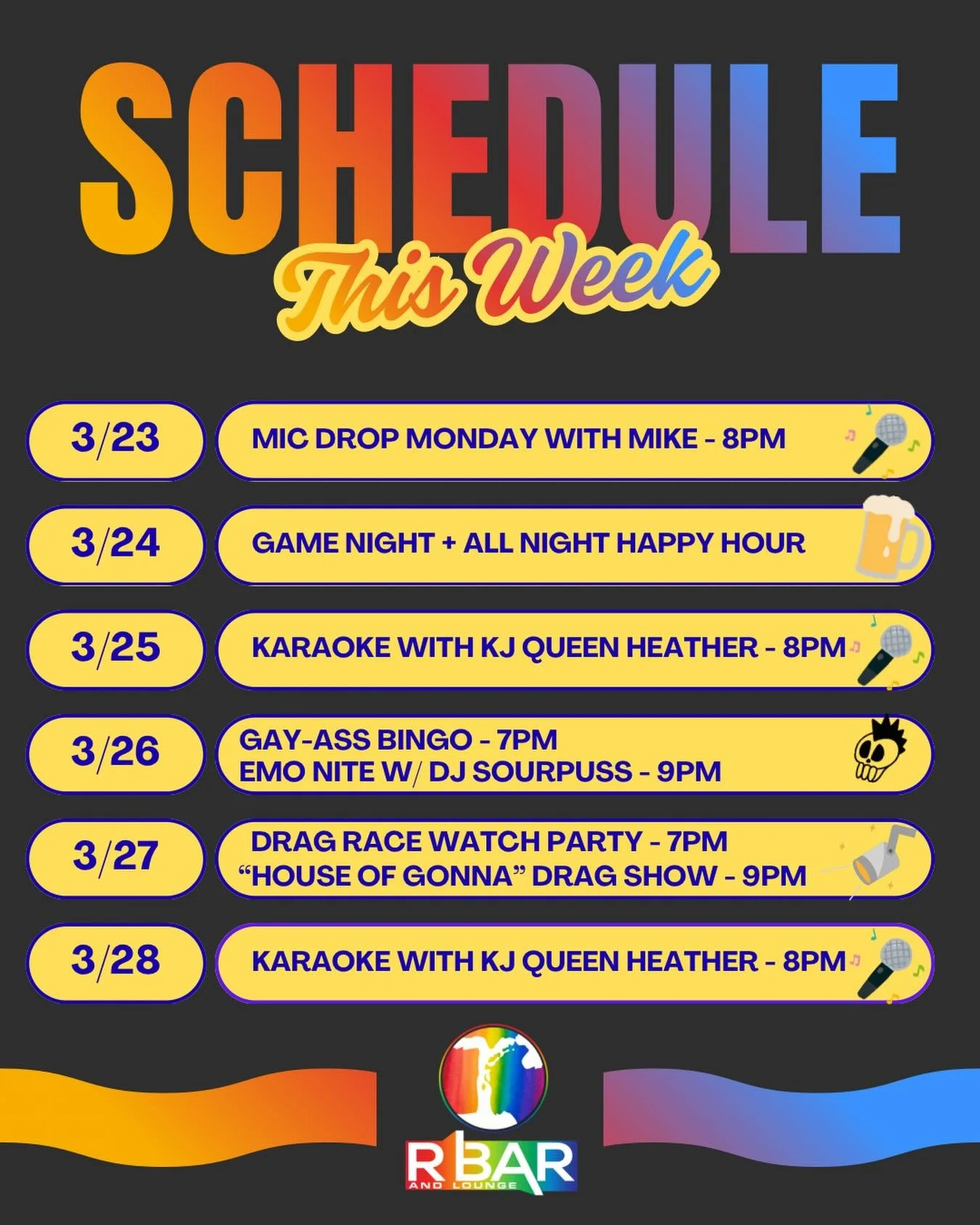 Want something fun to do this week? 🎤🍻Check out our schedule so you know how to fill your evenings!  Monday - Mic Drop Monday karaoke with @dostuffwithmike 🎤
Tuesday - Game night and all night happy hour 🍻
Wednesday - Karaoke with the KJ Queen @h