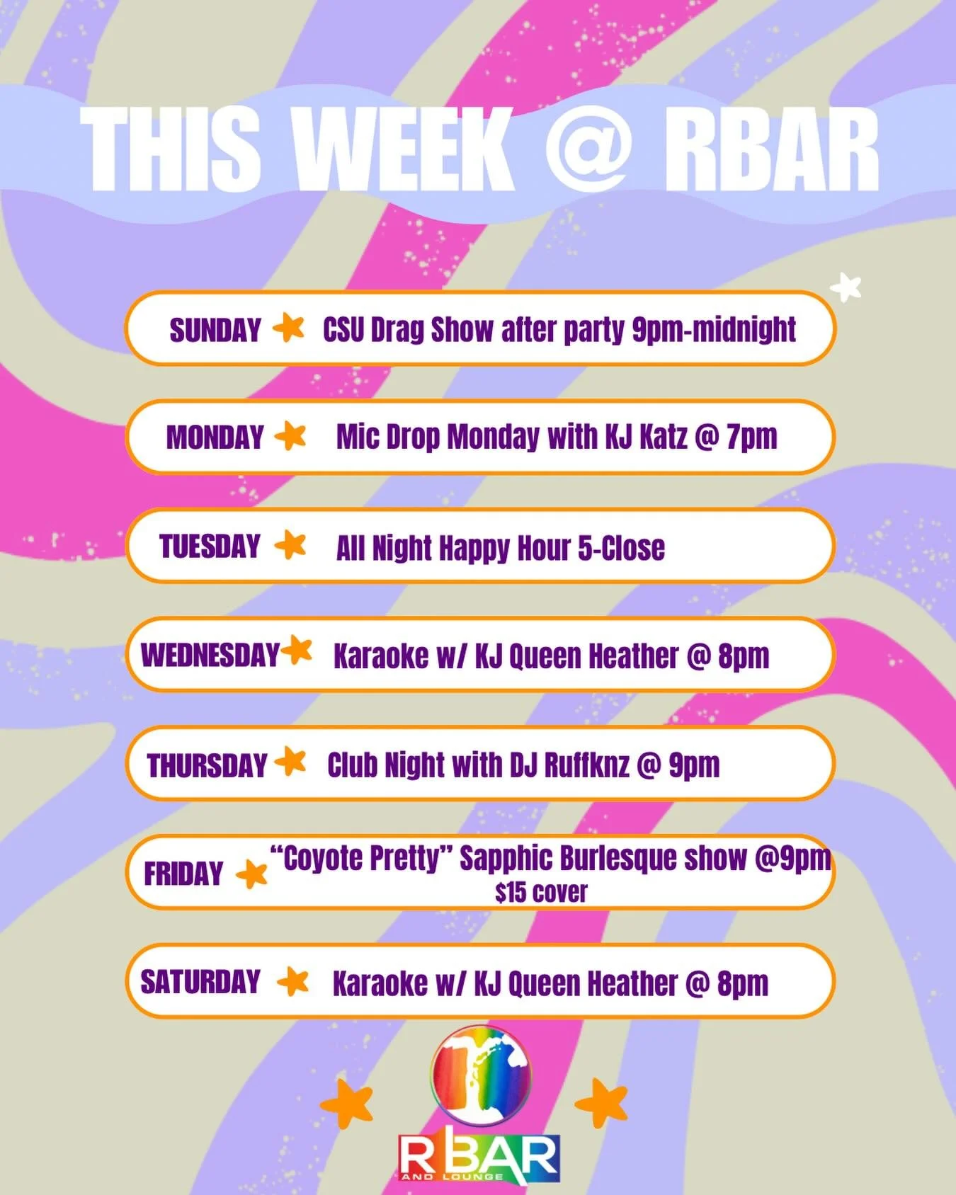 Figuring out what your week should look like? Look at our schedule of events this week and come hang! 

Sunday - We&rsquo;ve got the CSU Drag Show from 9-midnight ✨
Monday - Mic Drop Monday karaoke night with @dostuffwithmike 🎤
Tuesday - All night h
