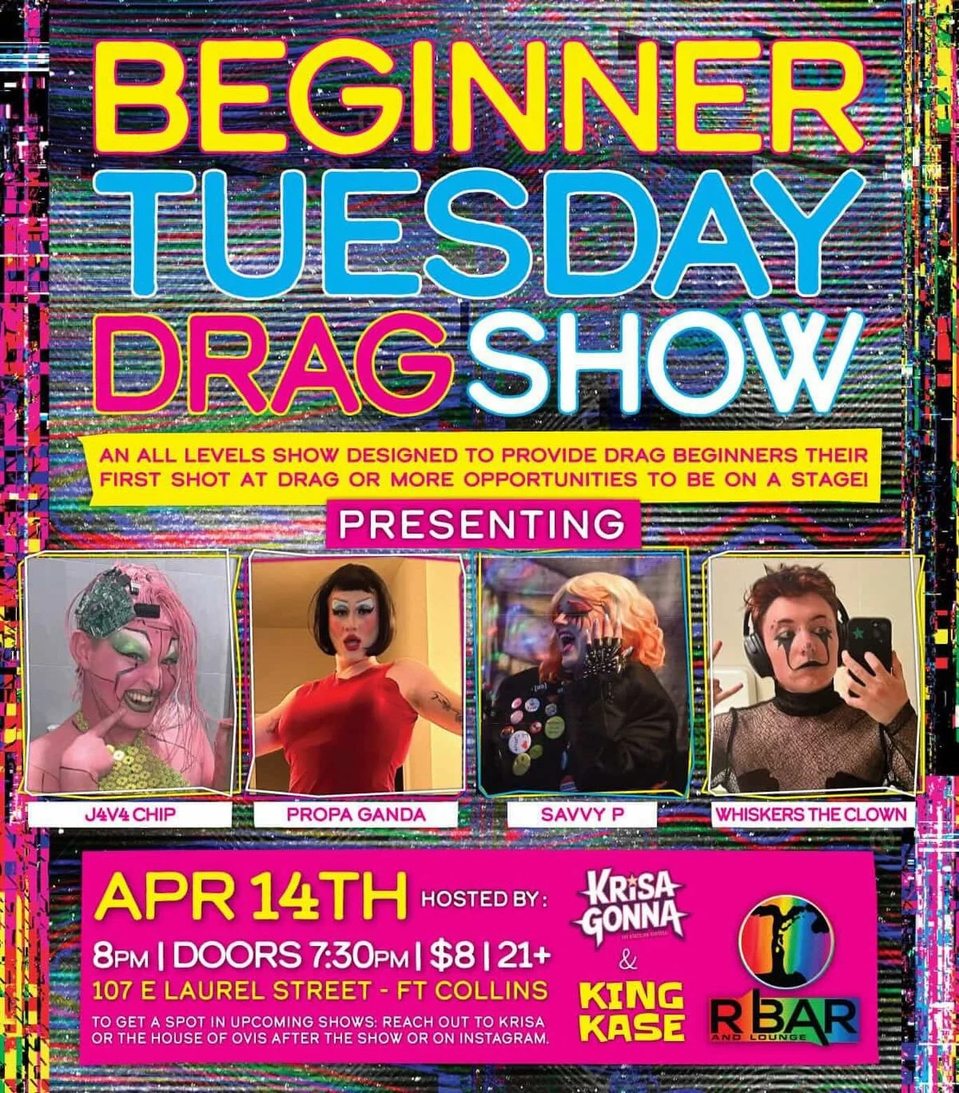 Join us this coming Tuesday, April 14th for our Beginner Drag show hosted by @krisagonna and @kiiingkase ! It&rsquo;s a great way to meet newer members of our community, so come out and support!✨
#rbarandlounge #fortcollinsdrag #queer #fortcollinscol
