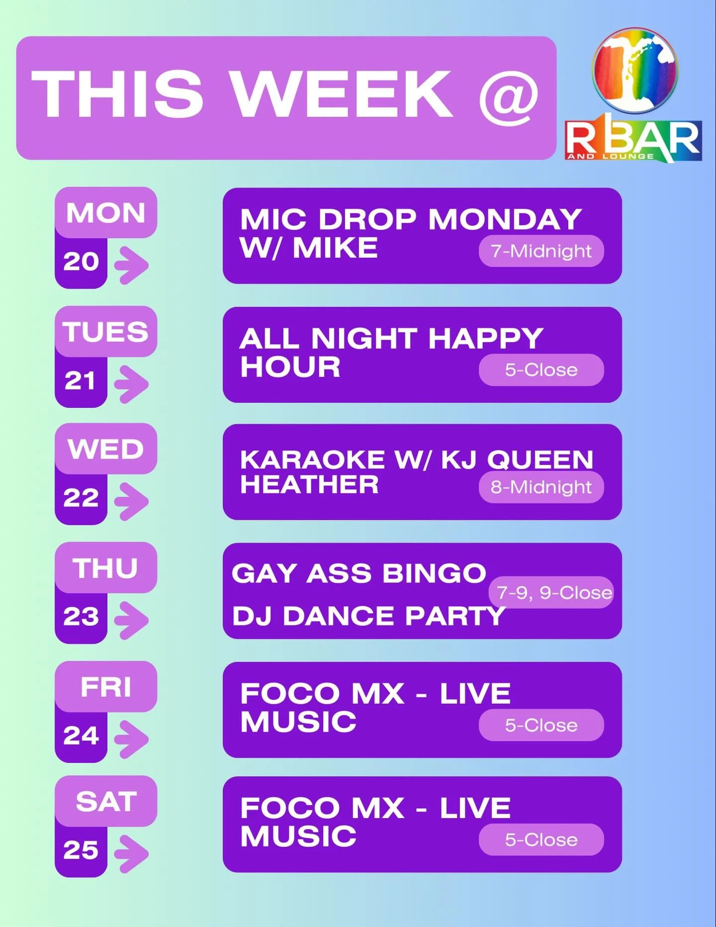 We have a jam-packed week ahead of us here at R Bar, so take a look at what we&rsquo;ve got going on!🎶🌈

Monday - Mic Drop Monday karaoke with @dostuffwithmike where we will be celebrating our good friend @jasonluedecke bday and his going away part