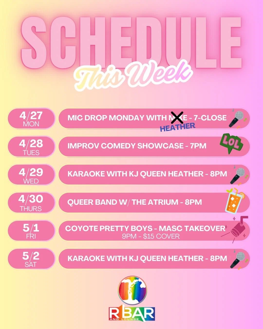 We&rsquo;ve got a fun week of events after a crazy weekend with FocoMX😝✨

Monday - Mic Drop Monday karaoke night with @heathersorbera this week!🎤
Tuesday - Comedy Brewers Improv showcase  @ 7pm 
Wednesday - Karaoke with KJ Queen @heathersorbera 🎤
