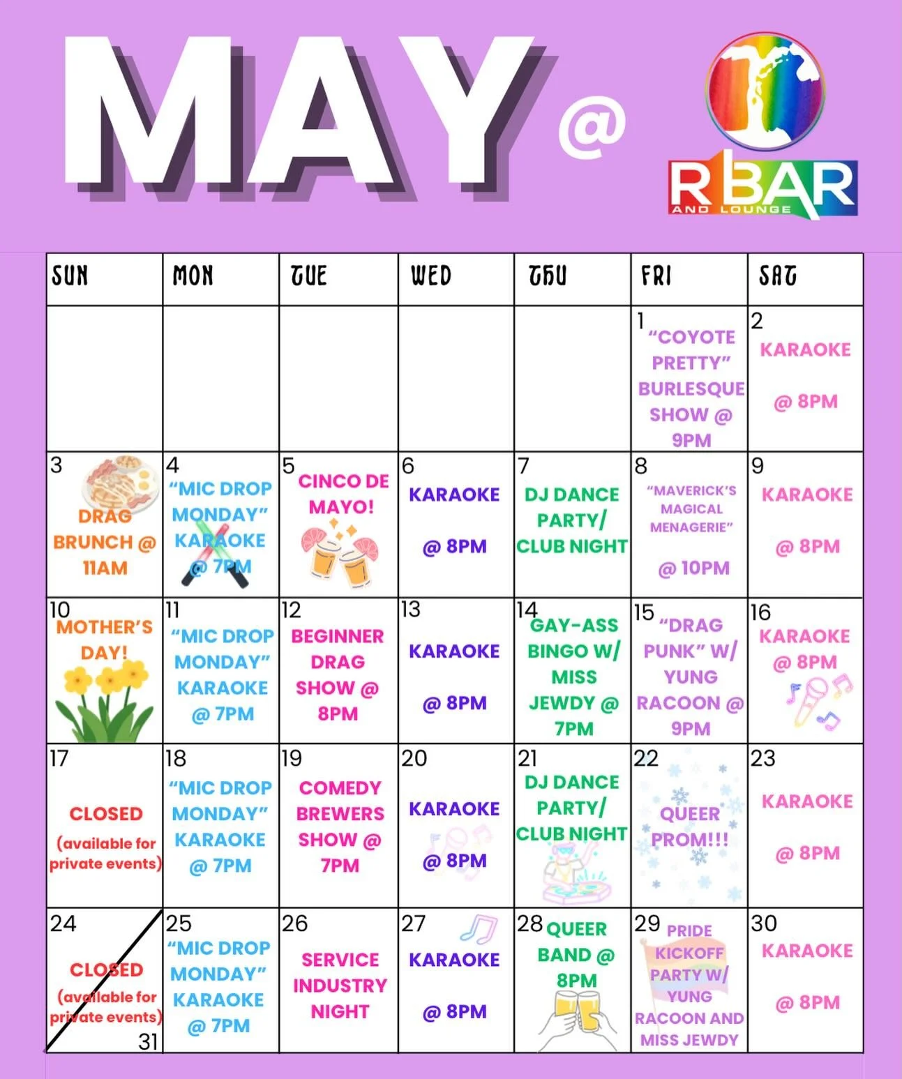 We&rsquo;re bringing back the monthly calendar! 👏🎉
Weekly schedules will still be posted, but in case you like to plan your month out, we got you! We&rsquo;ve got a month of fun ahead of us as we prep for pride month, and we&rsquo;re so lucky we ge