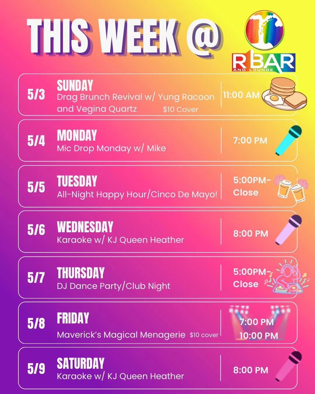 ✨Weekly Update Time✨ (My bad on the delay y&rsquo;all😪)
We&rsquo;ve got a busy week ahead of us, and so could you!
Sunday - Drag Brunch Revival hosted by yungraccoon and veginaquartz with another stellar cast! 
Monday - Mic Drop Monday karaoke night