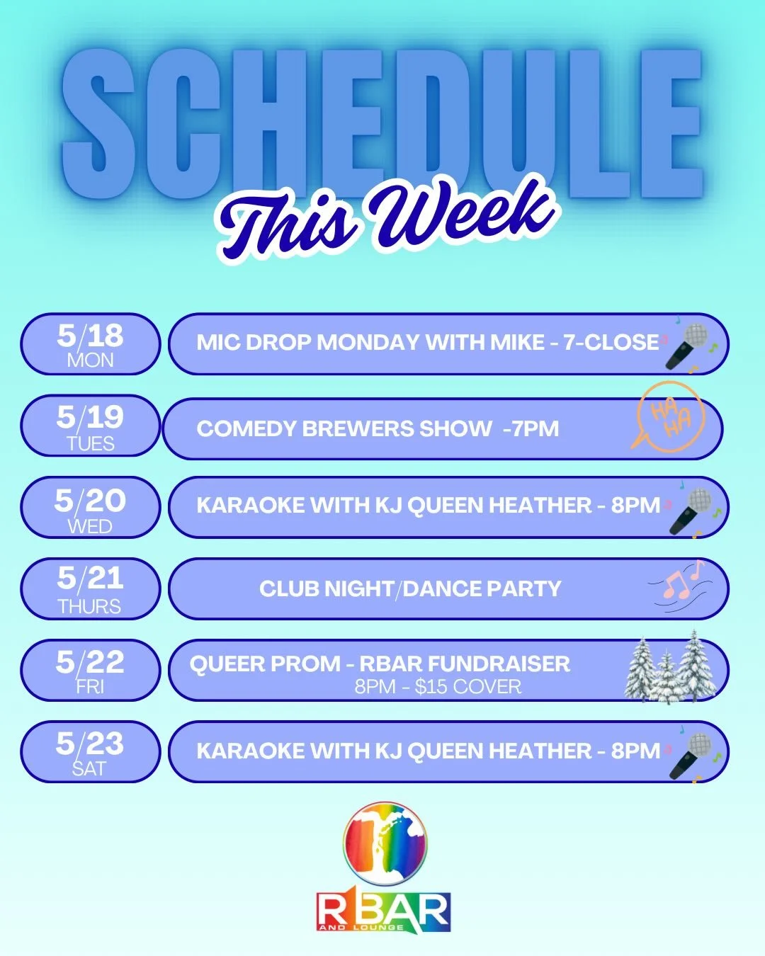 This weeks schedule, with some events you won&rsquo;t want to miss! ❄️

Monday - Mic Drop Monday karaoke night with @dostuffwithmike 🎤
Tuesday - Comedy Brewers Show @ 7pm 
Wednesday - Karaoke with KJ Queen @heathersorbera 🎤
Thursday- DJ Dance Party