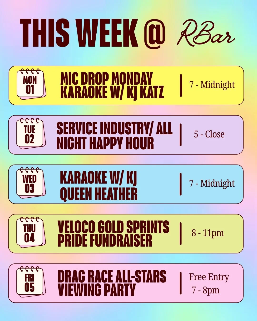 Did somebody say PRIDE MONTH!?!?✨ Scroll for all the events R Bar has in store for the first week of Pride 😏

🎤Monday - Karaoke w/ KJ Katz starting at 7pm!
Tuesday - All-night happy hour! Save some money on a night out! 
🎤Wednesday - Karaoke with 