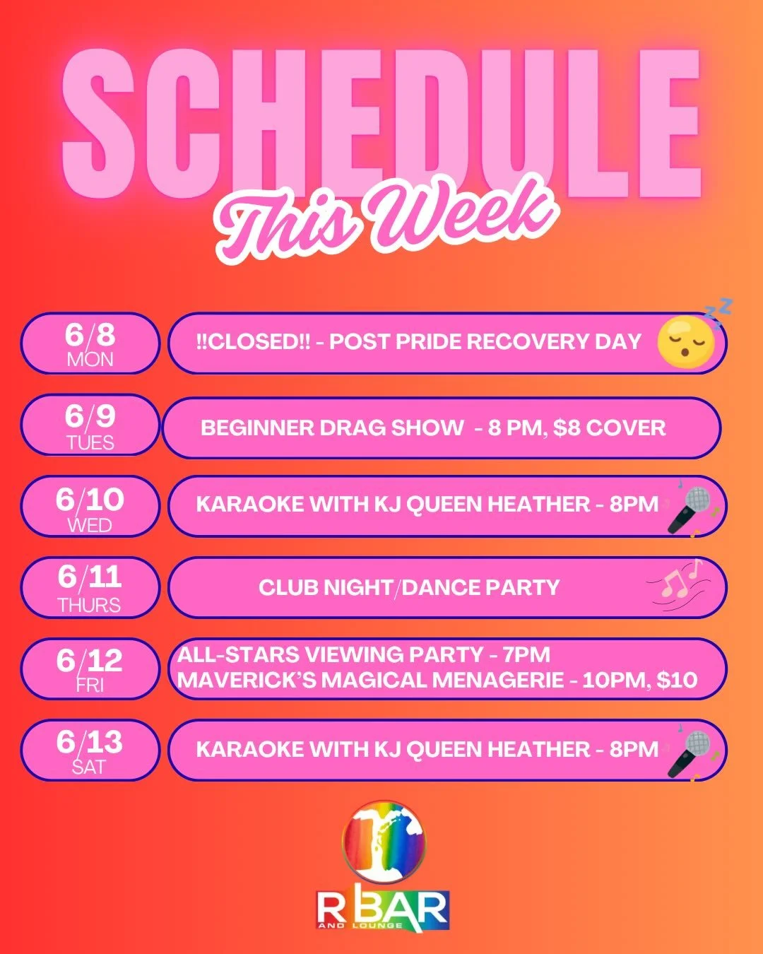 Another week at R Bar, this week is Post Foco Pride! photos from our weekend will be shared soon! Take a look at what we&rsquo;ve got going on to help plan out your week✨🌈

Monday - We are CLOSED! Taking a day to let the crew rest and recharge! 
Tue