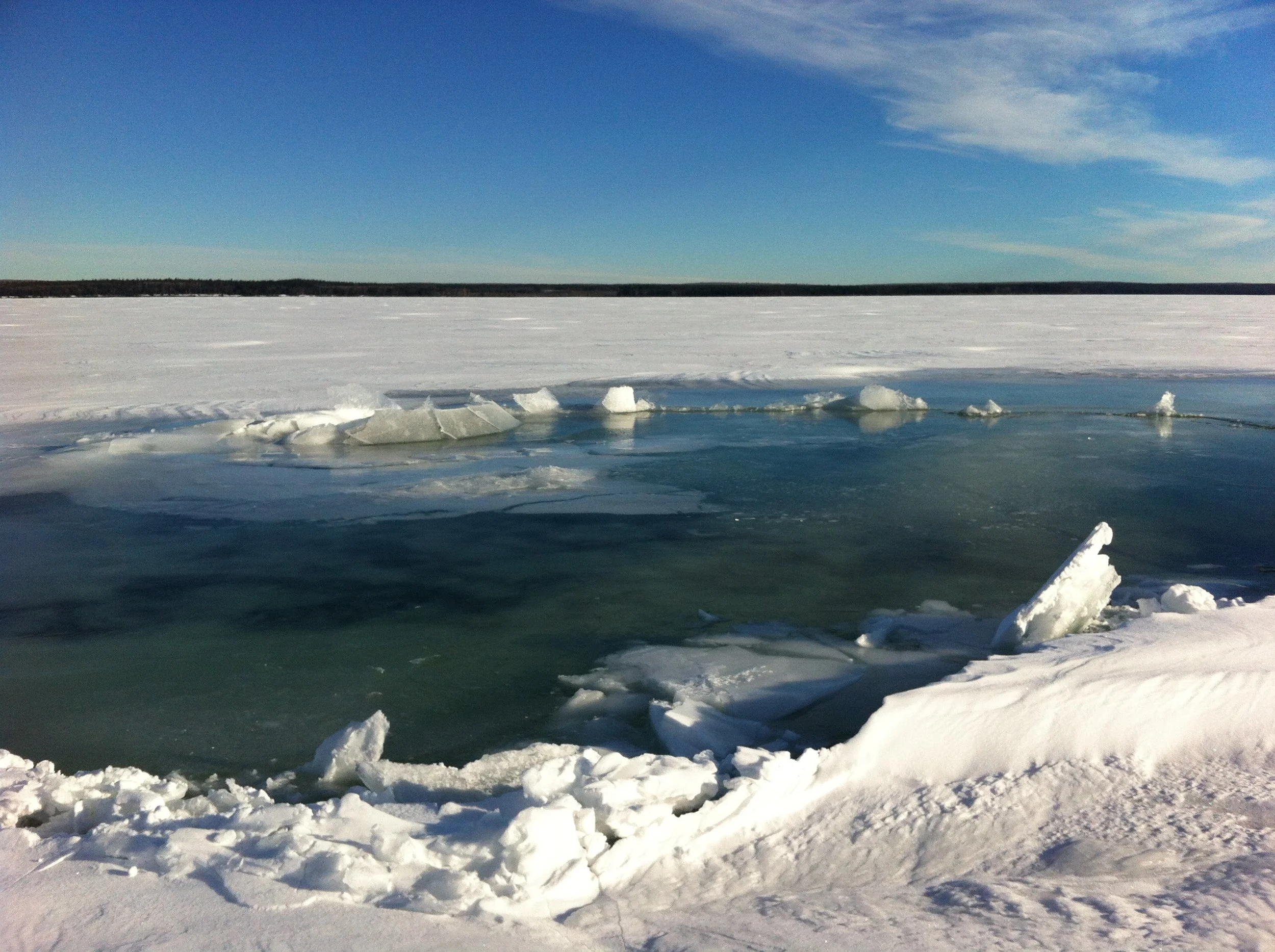 An open water lead with ice that was much too thin to cross. The lead stretched for miles as far as the eye could see.