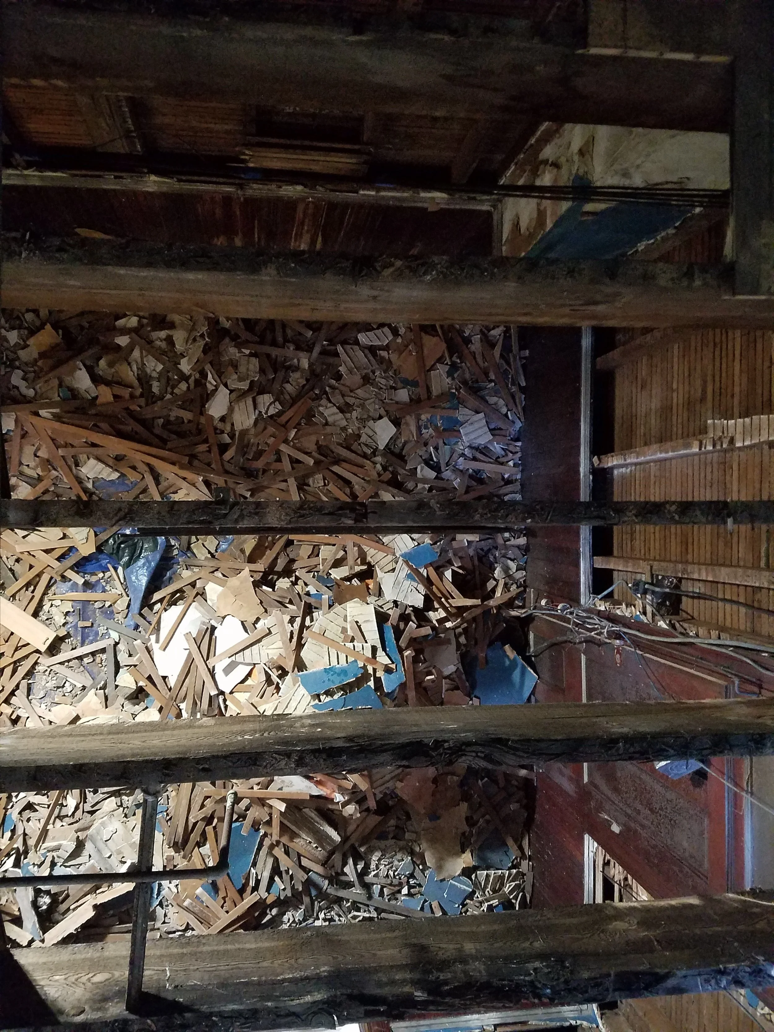 Looking down at the rubble below
