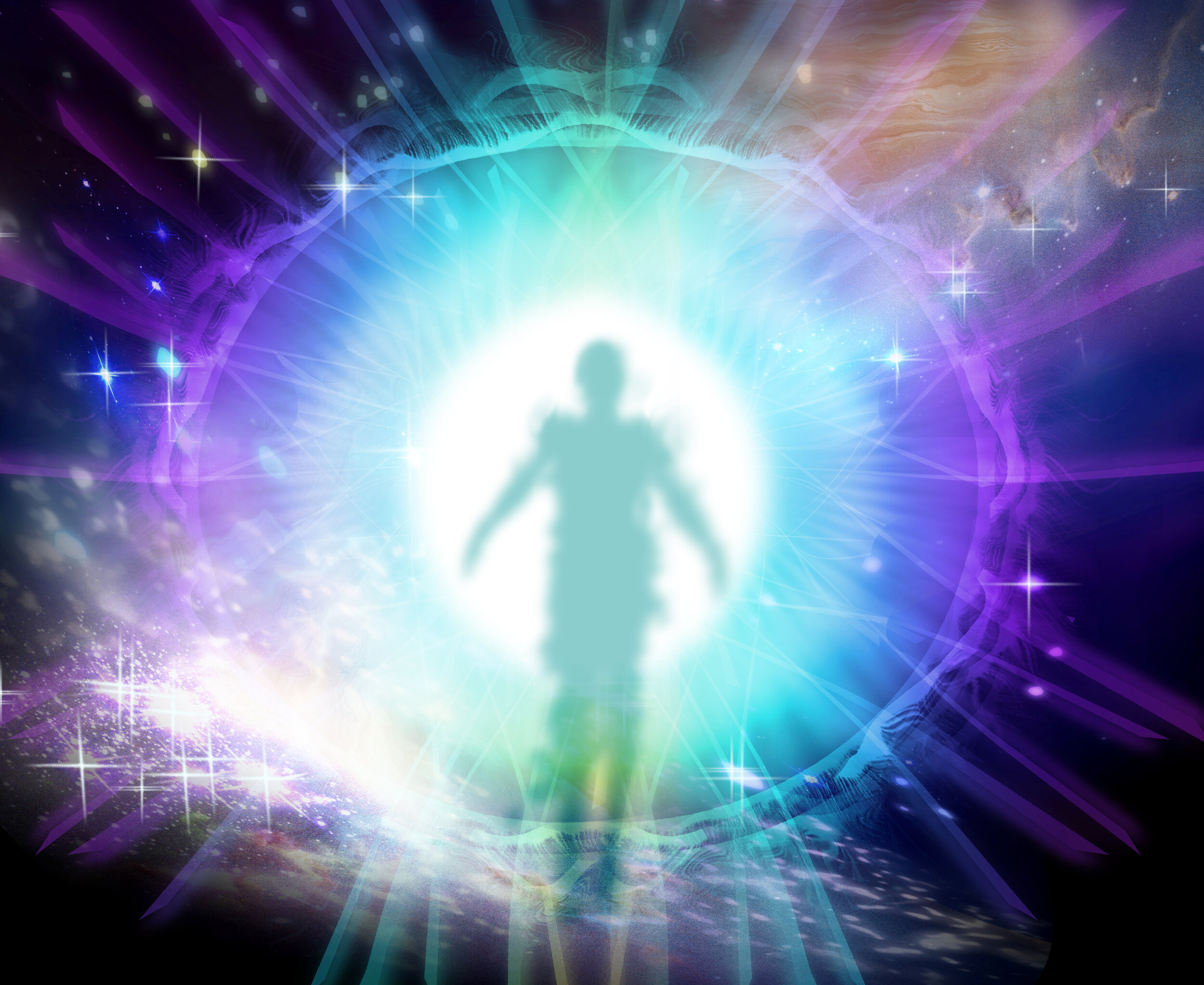  Illustration of a human figure in the center of a colorful aura with a starry background.