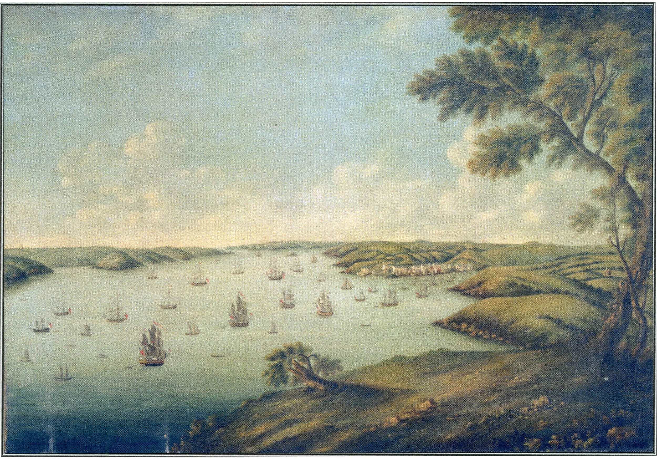 Milford Haven - from a painting of 1776 by J.R. Atwood. The waterway was busy with trading vessels plying around the coasts of western and southern Britain, Ireland, and overseas to the Americas. Featured is the village of Hubberstone which became the packet station in 1787 and provided the nucleus of the town of Milford Haven, laid out by R.F. Greville in 1796.