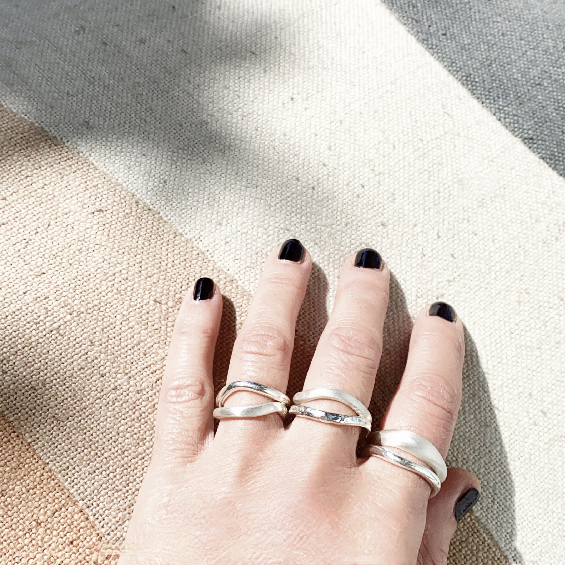 Sterling Silver Organic Free Formed Curved Ring Stacks With Contrasting Finishes from $210 to $250