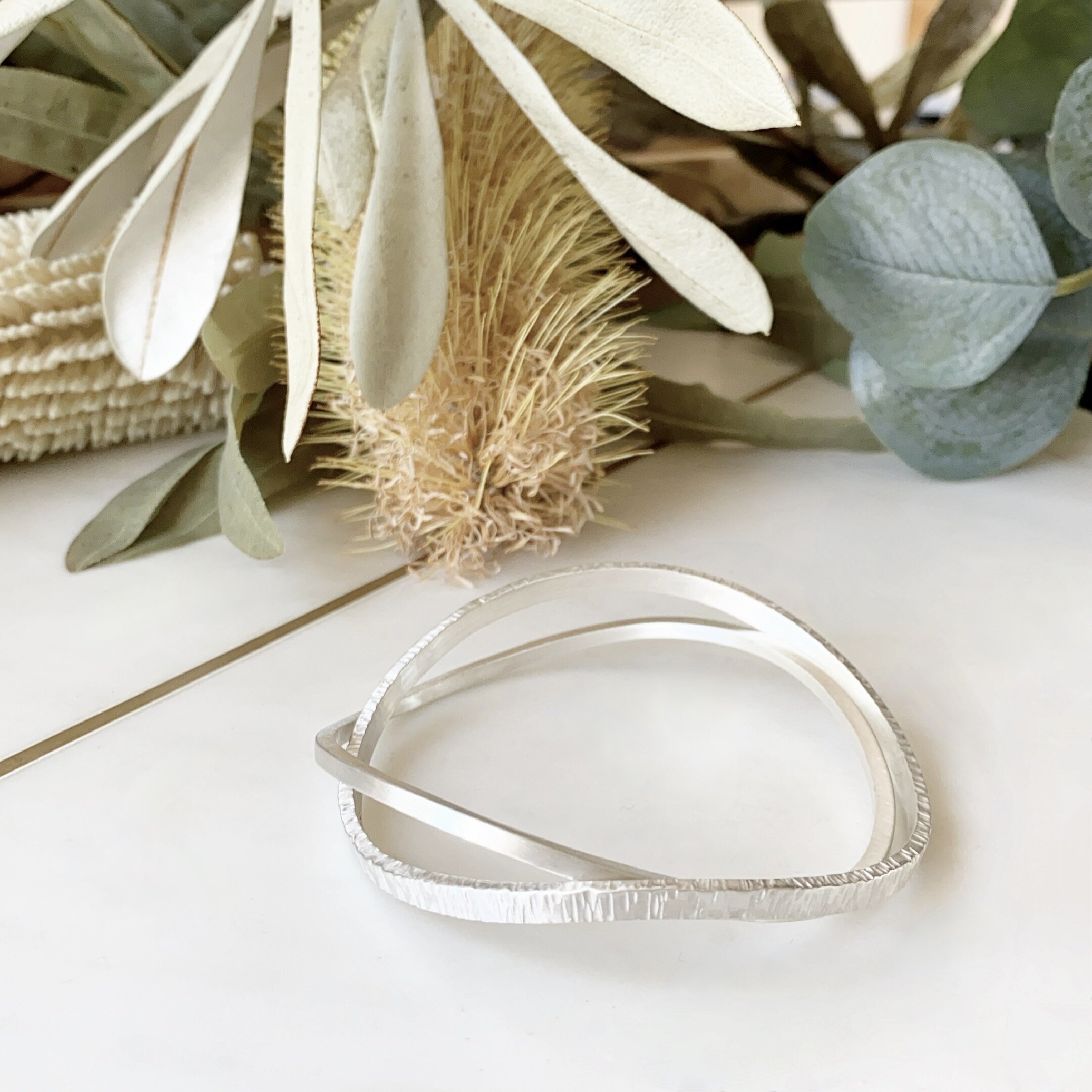 Sterling Silver Double Curved Square Edge Bangle Set "Modern Nature" With Matt/Brushed Lined Finish