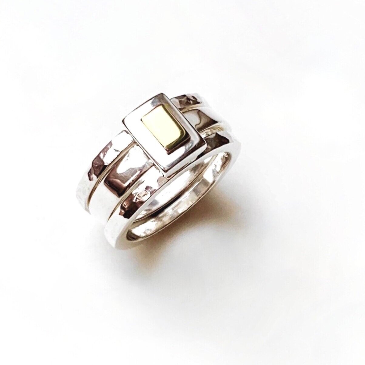 Chunky Yellow Gold and Sterling Silver Rectangle Stacking Set With Hammered Finish