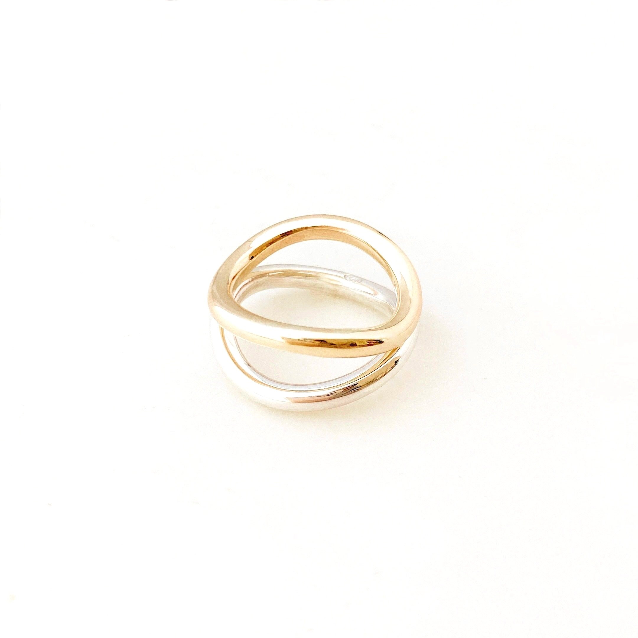 Solid Yellow Gold and Sterling Silver Curved Two Ring Stack With Polished Finish