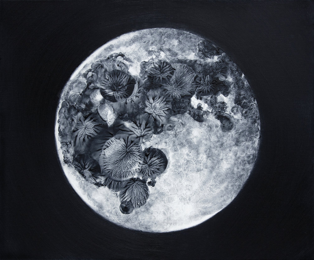 Touching the Moon I, oil on canvas, fingerprints, footprints, 30x25cm, 2015 This work has been longlisted for the Aesthetica Art Prize 2016.