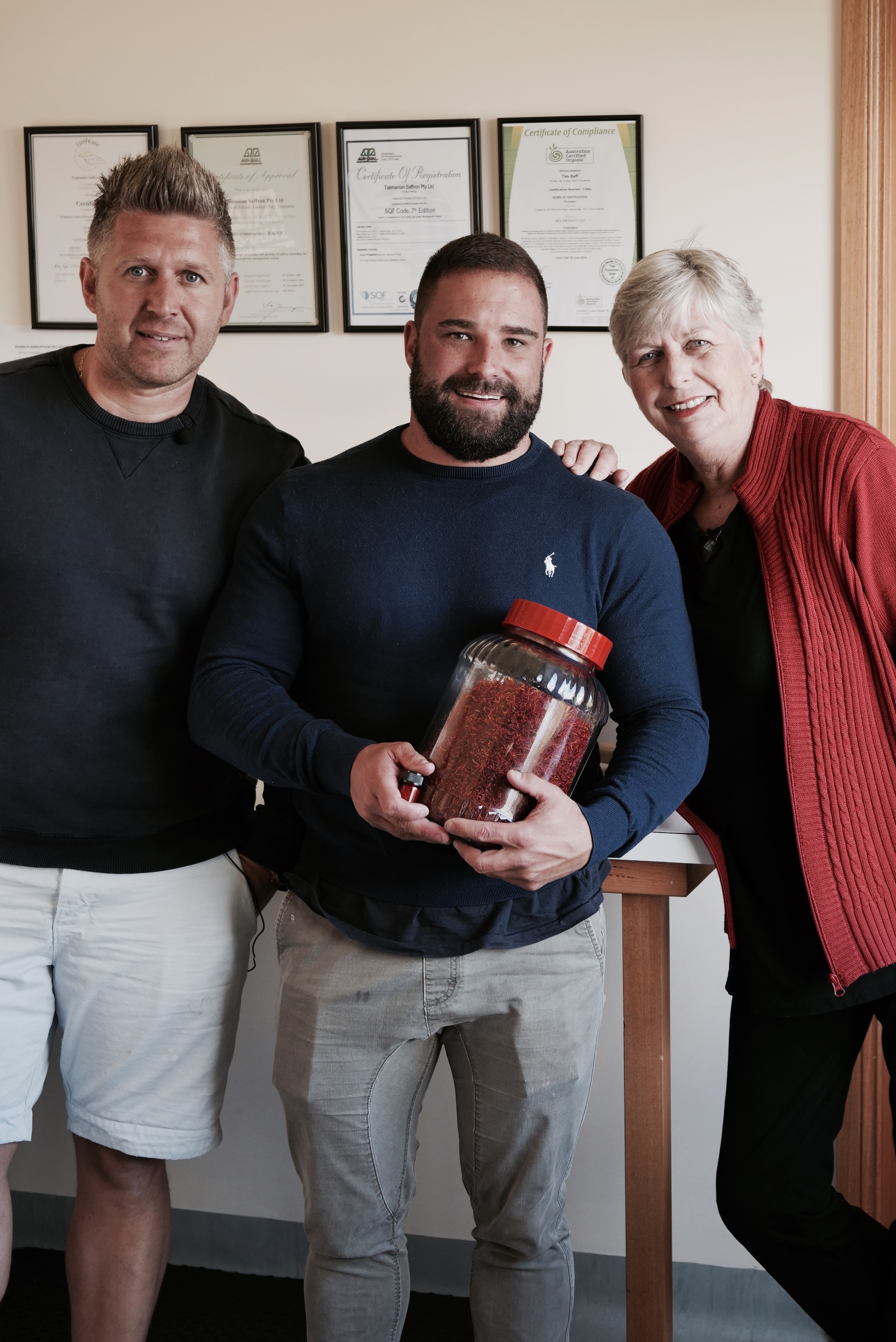 Luke, Massimo and Nicky talking all things Saffron in the Tas-Saff office.