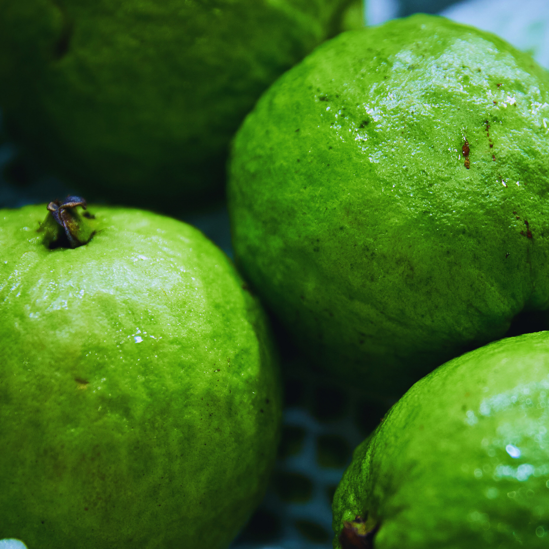 Close-up of green guavas with shiny skins.