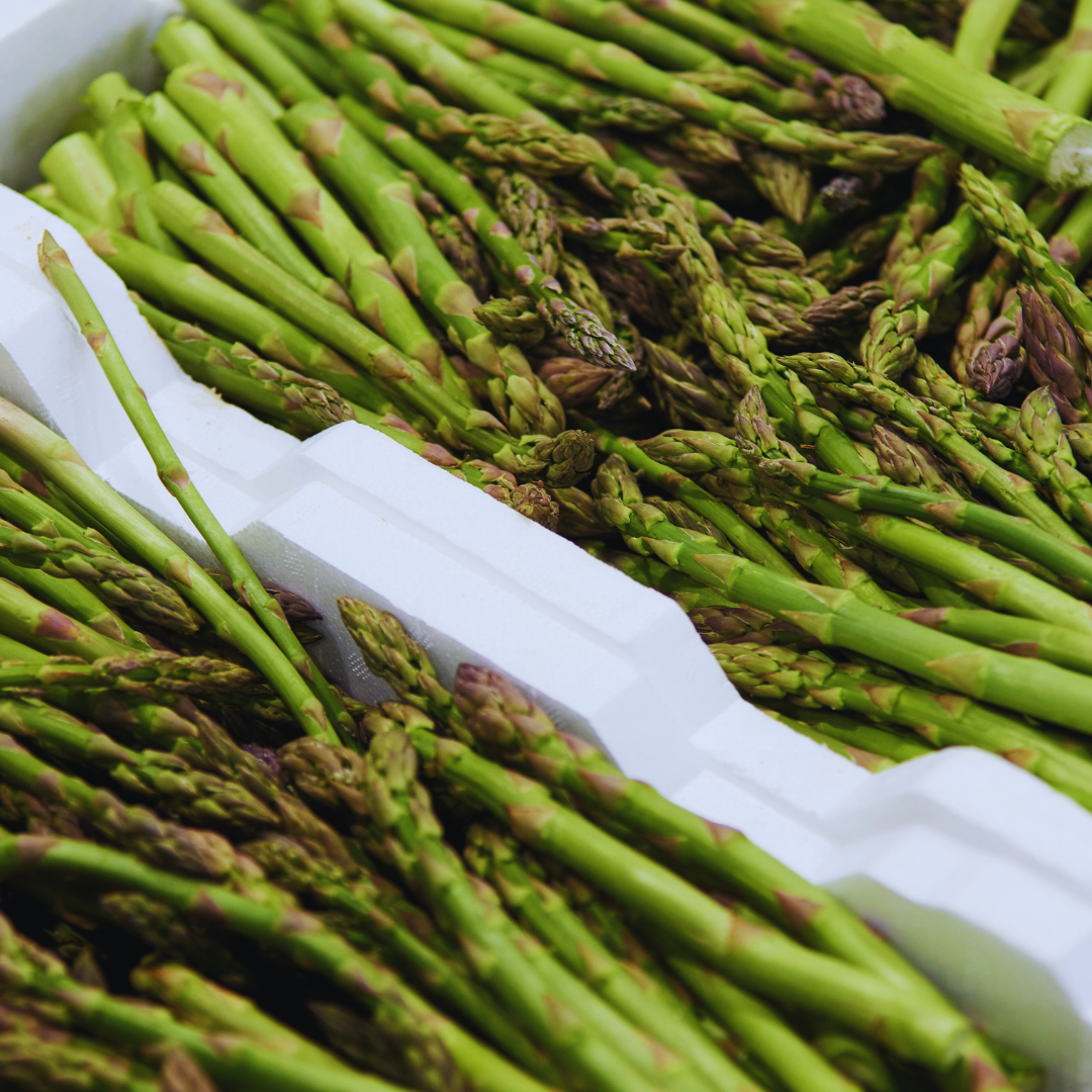 Fresh green asparagus spears in a Styrofoam container.