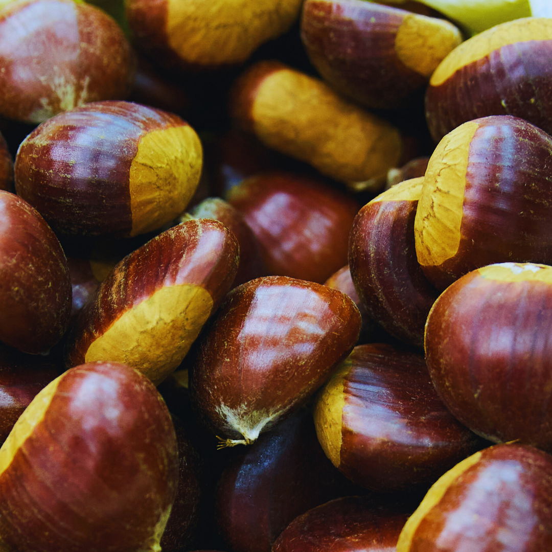 Close-up of roasted chestnuts with shiny brown shells and golden interior.