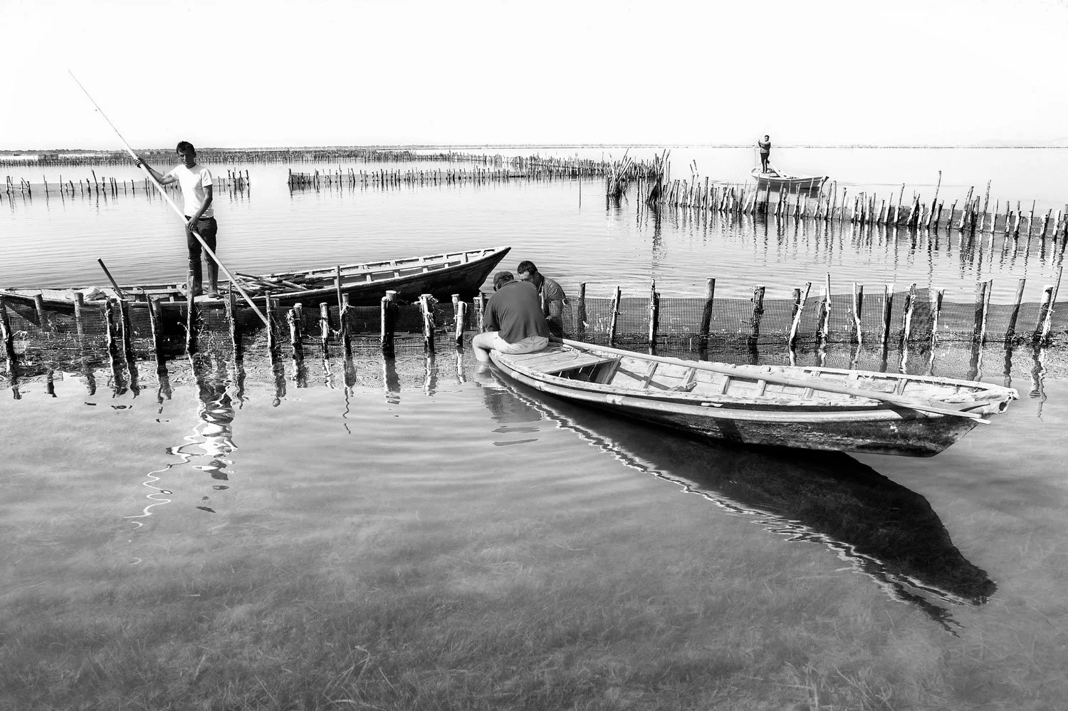 Traditional fishermen preparing gear on a wooden boat at Ivari Etoliko lagoon. Authentic documentary photography of the Bottarga production process by Stavros Kostakis.