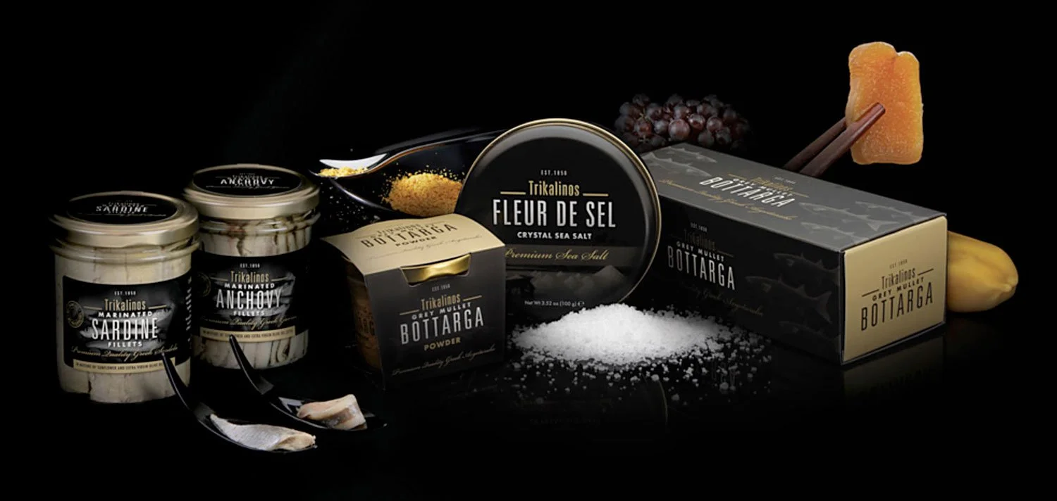 Luxury food styling and still life photography of Trikalinos Bottarga products. Commercial visual strategy for gourmet Greek brands by Stavros Kostakis.